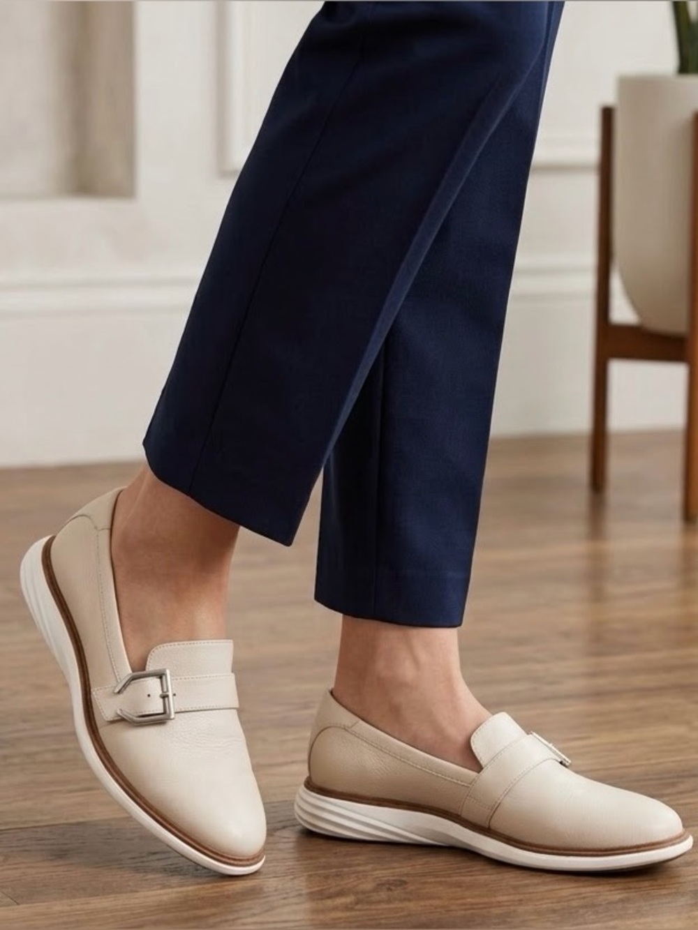 Cole Haan Grand Evolution Cream Leather Buckle Loafers